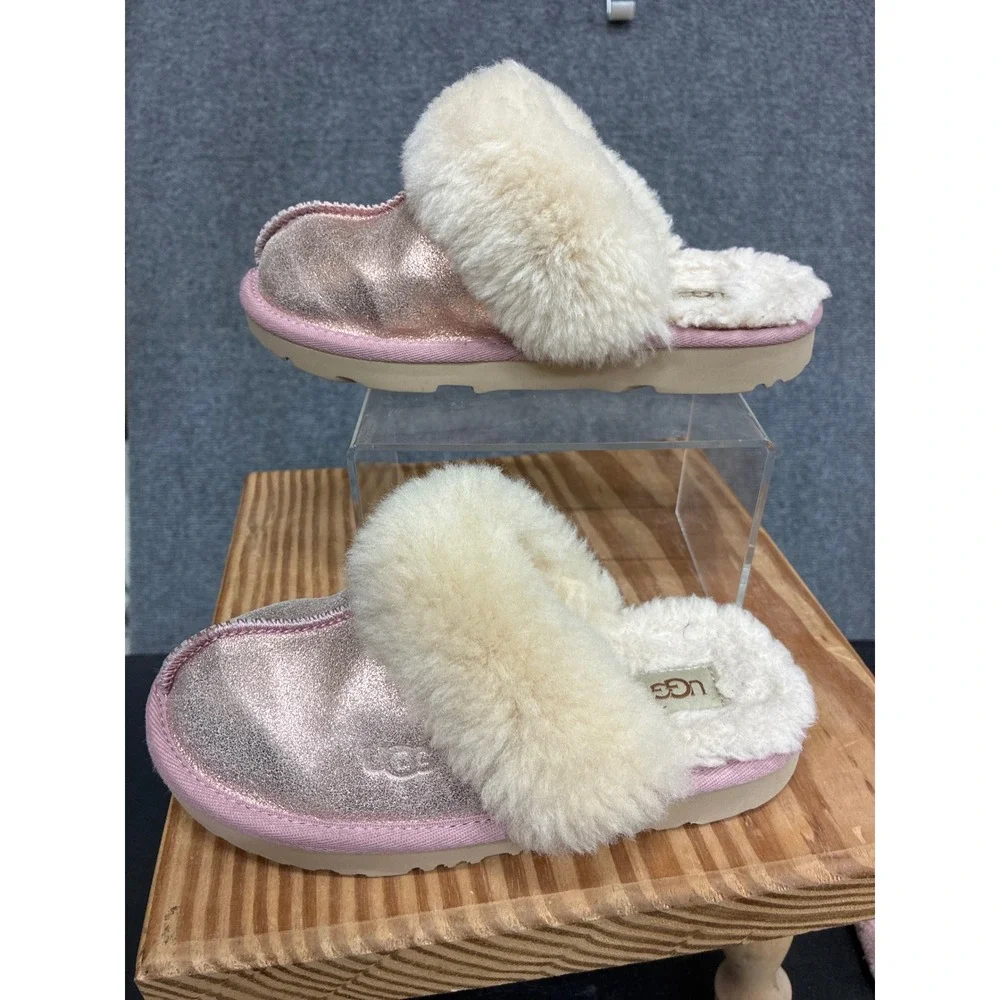 UGG Coquette Metallic Rose Pink Sheepskin Slippers Slides Girls Size 13